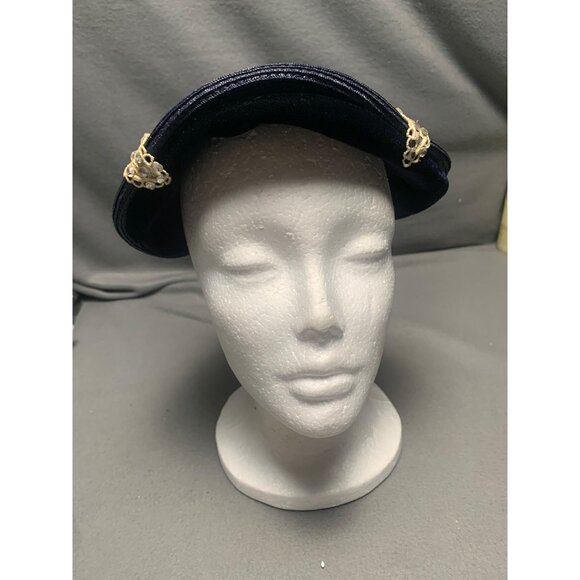 Vintage 1960s Navy Blue Velvet & Straw Hat with Gold Embellishments Adjustable - Picture 5 of 10